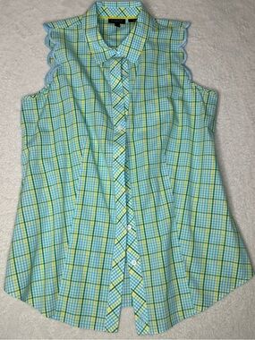 Talbots Aqua and Yellow Plaid Sleeveless Button-Down Top